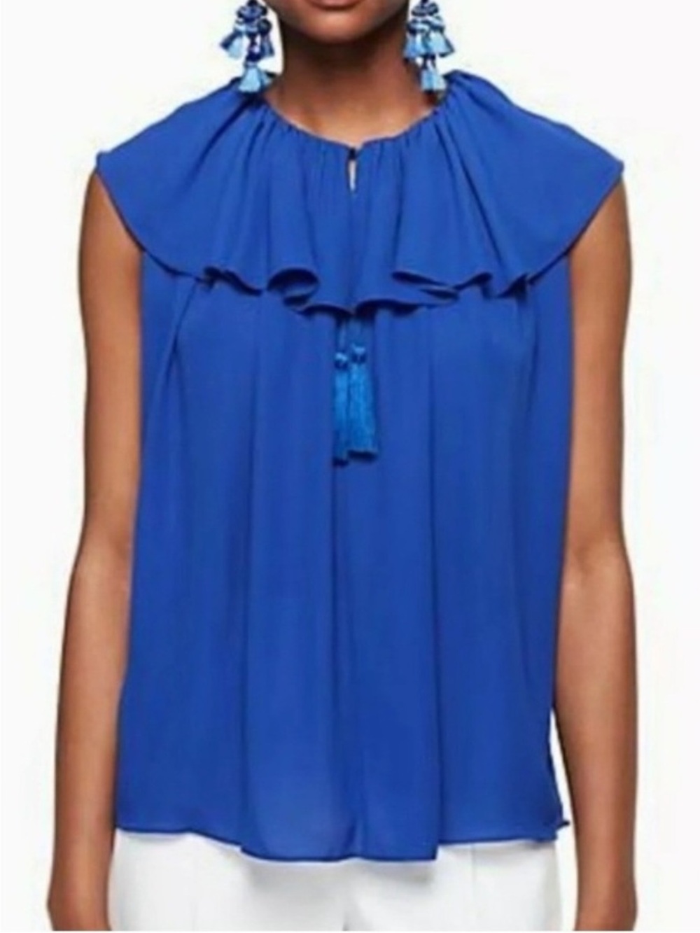 kate spade Live Colorfully Cobalt Blue Tie Neck Ruffle Top Size Small